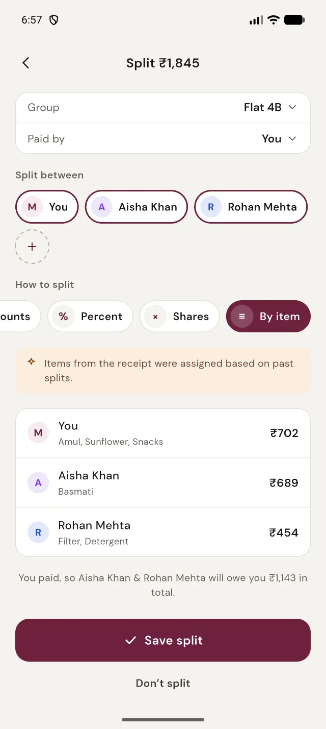Splitting a ₹1,845 DMart receipt by item between three flatmates