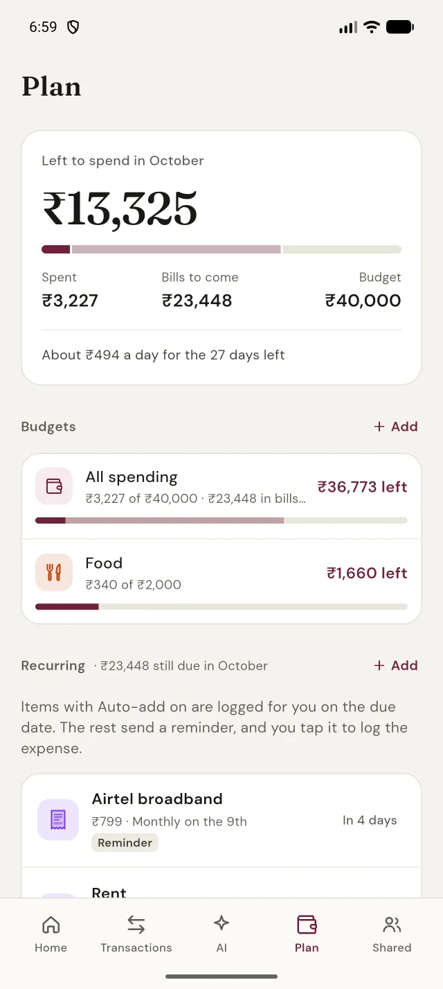 The Plan tab: ₹13,325 left to spend in October, with budgets and recurring bills